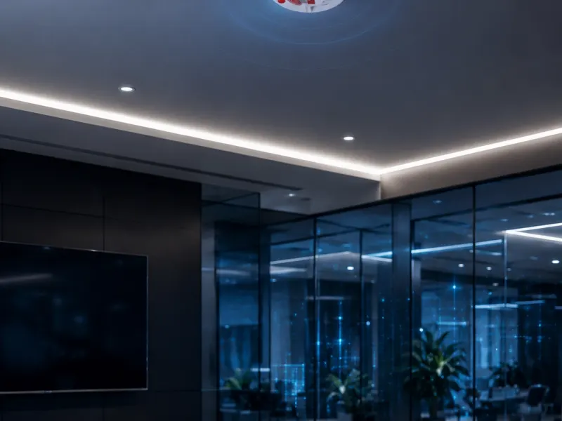 Ceiling-mounted smart alarm or detection device installed in a commercial room.
