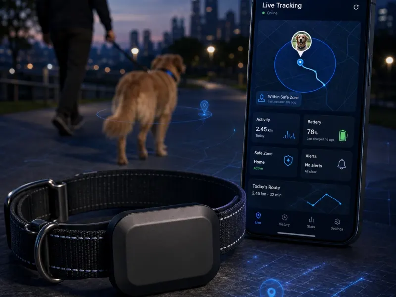Collar-mounted tracking device represented with location and alert screens.