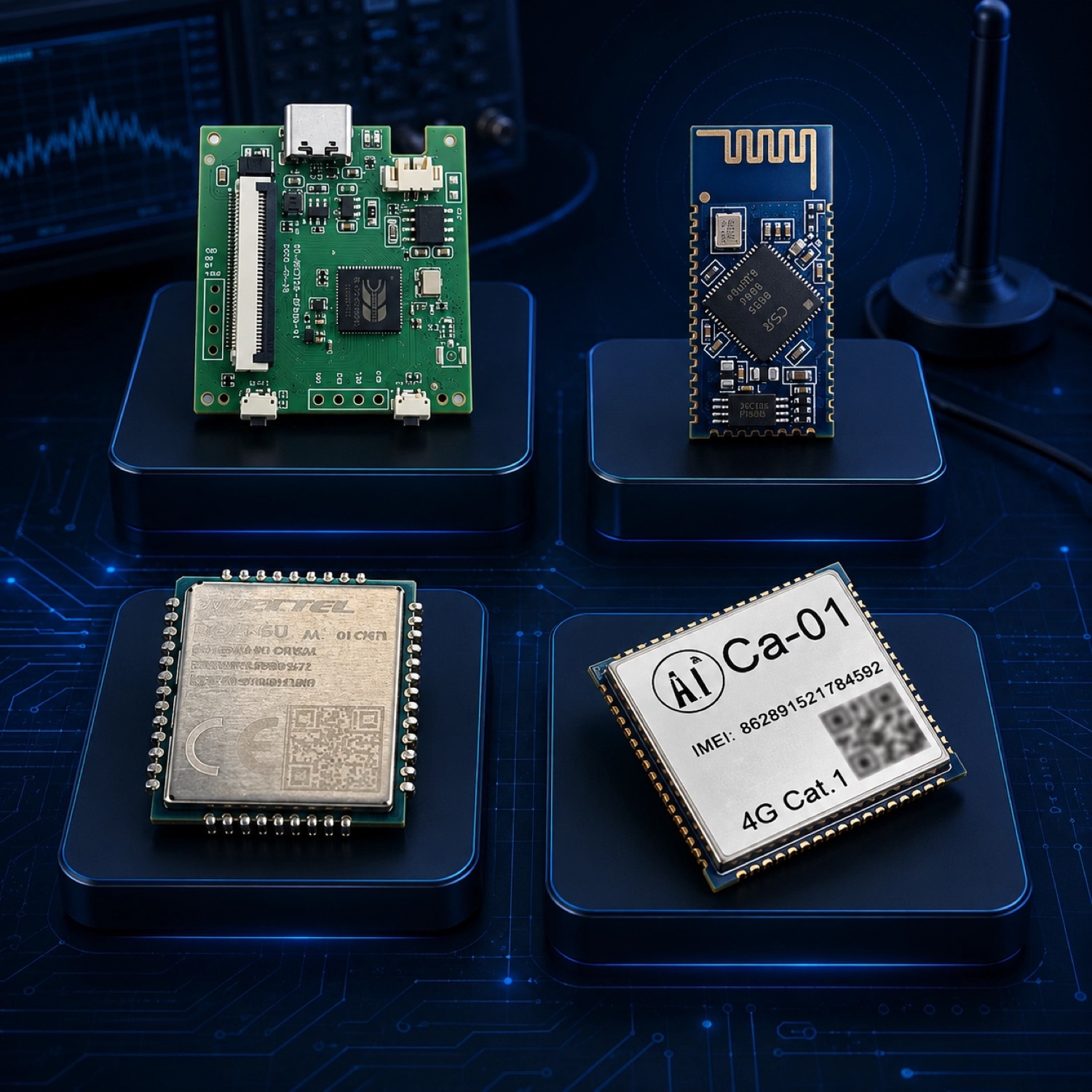 Wireless module lineup for Wi-Fi, Bluetooth, NB-IoT and Cat.1 connectivity planning.