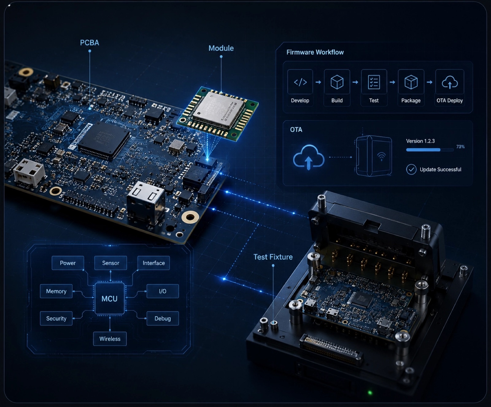 Hardware engineering board, wireless module, firmware workflow and test fixture.